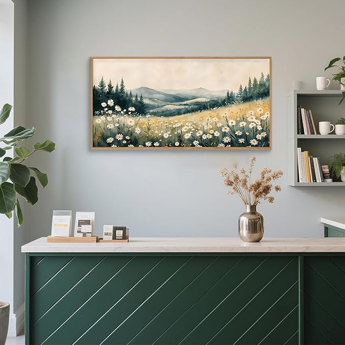 BICERE Large Misty Mountain Framed Canvas Wall Art,Nature Daisy Flower Wall Decor,Modern Foggy Forest Art Painting,Abstract Woodland Landscape Artwork for Living Room,Bedroom,Dining Room-20"x40"x1