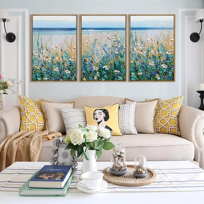 BINCUE Extra Large Blue Flowers Wall Art Framed,Watercolor Wildflowers Artwork,Blue Florals Canvas Wall Art,Flower Sea Artwork Landscape,Blossom Seaside Painting Daisy for Living Room Bedroom 24x36''