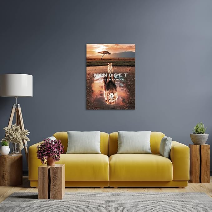 Lion Wall Art Mindset Is Everything Wall Art Lion Motivational Canvas Posters Prints 1 Pieces Inspirational Quote Painting for Office Bedroom Decor (18" W x 24" H)