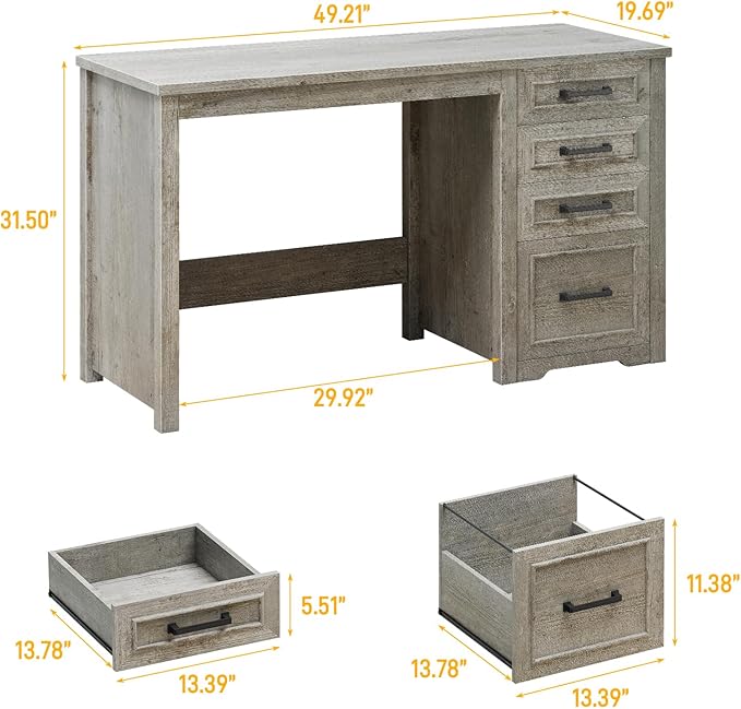 Vabches Farmhouse 49” Executive Desk with File Drawer, 4 Drawers Reversible Computer Desk with Storage, Rustic Home Writing Workstation for Home Office.Grey