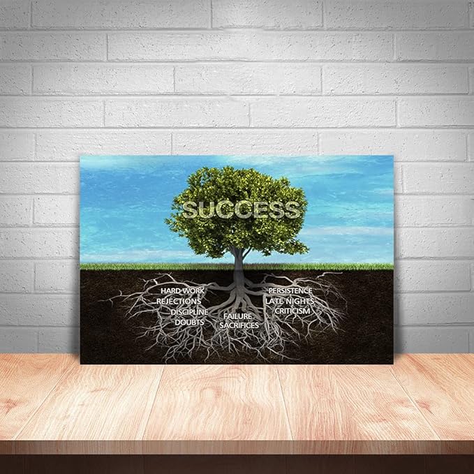 Success Tree Motivational Wall Art Canvas Painting Inspiring Framed Prints Inspirational Entrepreneur Quotes Modern Teamwork Wooden Artwork for Classroom Gym Office Decor Framed-16 inch x 12 inch