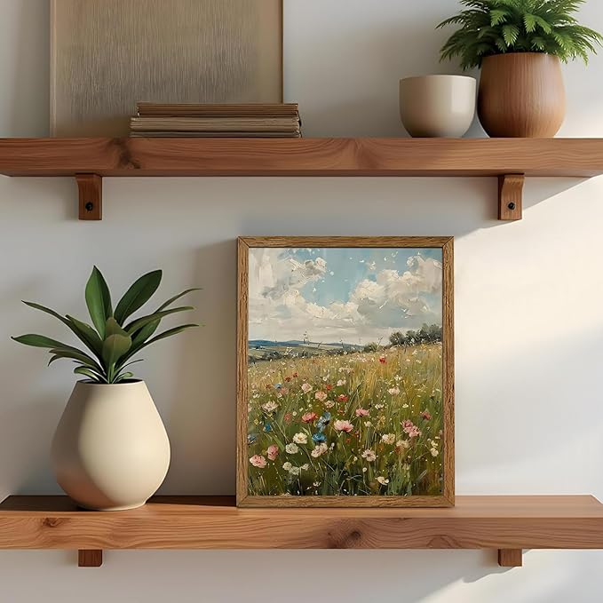 AVECCO Vintage Peaceful Wildflower Canvas Wall Art, Nature Floral Artwork Landscape Wall Decor, Colorfu Botanical Art Prints for Bedroom Living Room Office Home Decoration 8x10 Inches Wood Framed