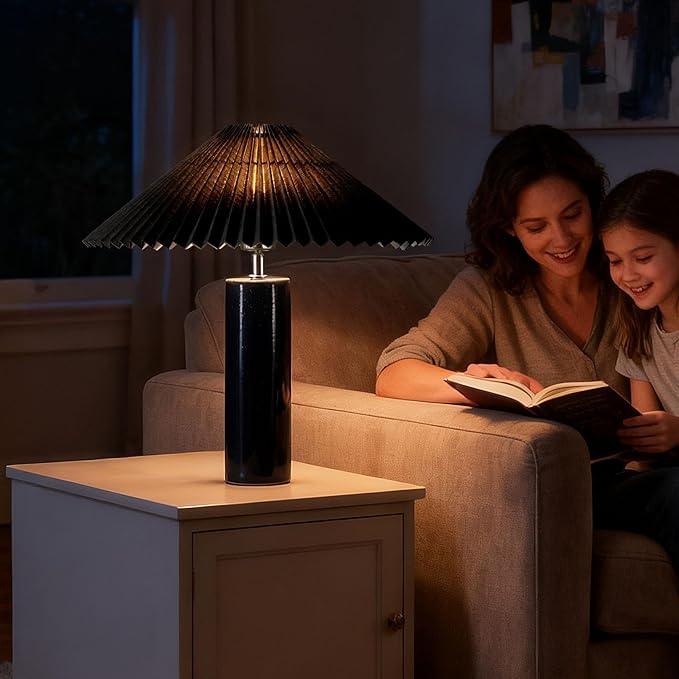 Ceramic Table Lamps for Bedroom Set of 2, Adjustable Shade Lamps for Night Stands, Modern Cylindrical Nightstand Table Lamps 5W E26 for Bedroom Bedside Buffet, Black