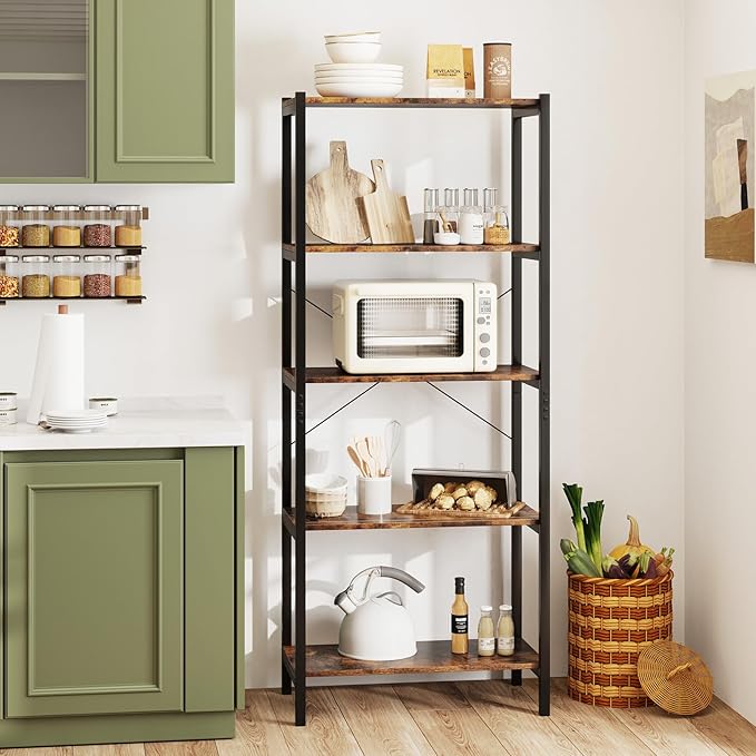 Giantex 5-Tier Industrial Bookshelf, 63.5" Tall Open Storage Organizer Shelves with Anti-Tipping Device and Foot Pads, Steel Frame Bookcase Display Rack for Living Room, Bedroom, Office, Brown