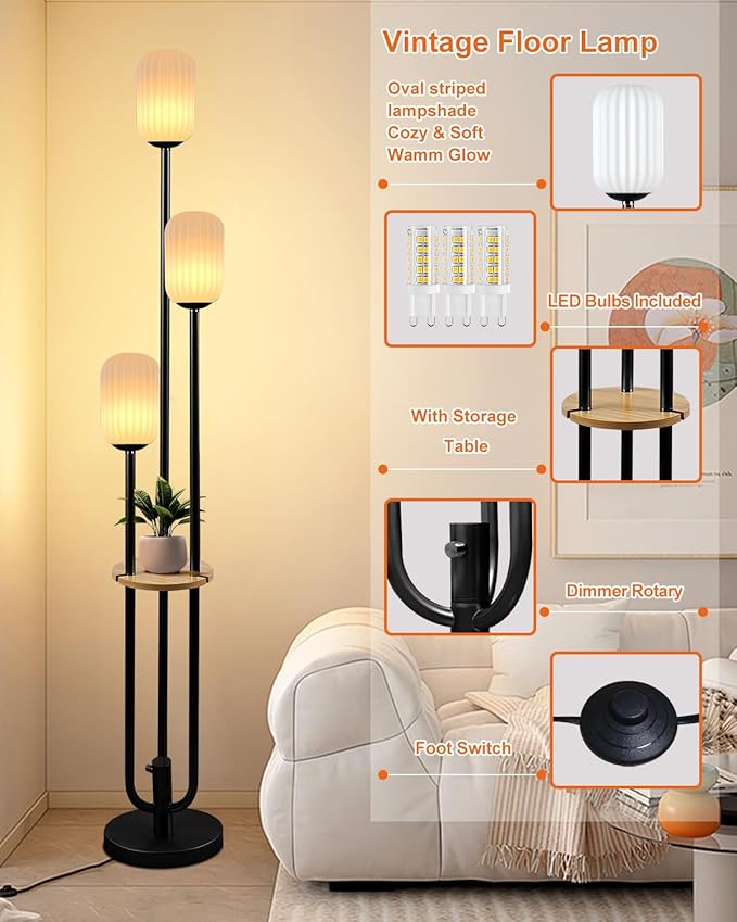 Floor Lamp for Living Room, Dimmable Vintage Floor Lamp with Shelf & LED Bulbs, 3 Light 3000K Soft Warmwhite Mid Century Standing Lamp, Tall Lamps for Bedroom Office