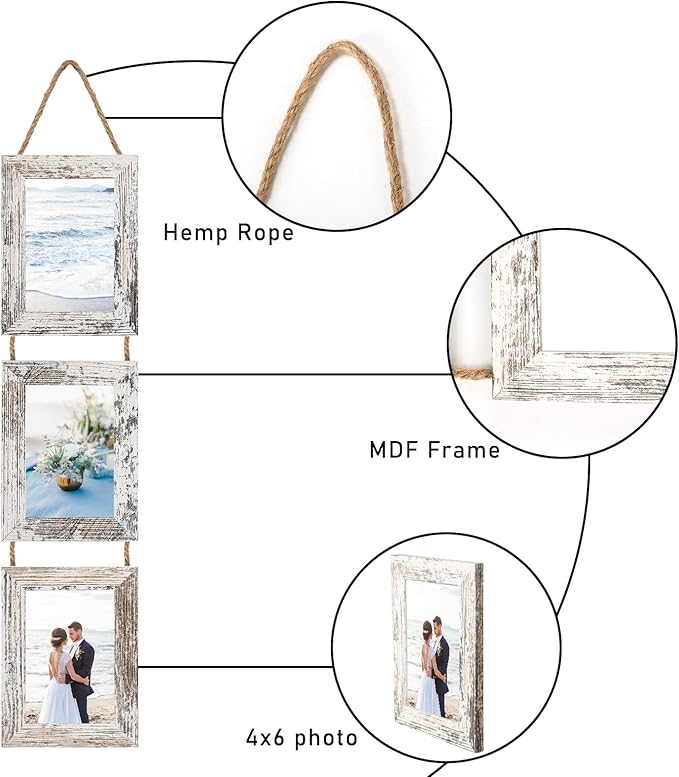 Lavezee 4x6 Picture Frames Collage Distressed White, 3 Opening 4 x 6 Hanging Picture Frames Vertical for 4 by 6 Inch Photos for Wall