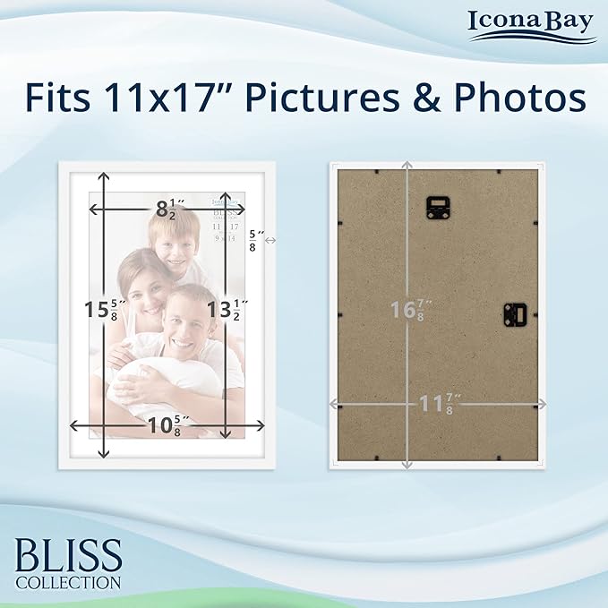 Icona Bay - 11x17 White Picture Frame Fits 10x16 Photos with Mat to 9x14 Image - Modern Style Engineered Wood Poster Frame - Wall Mount Only - Bliss Collection