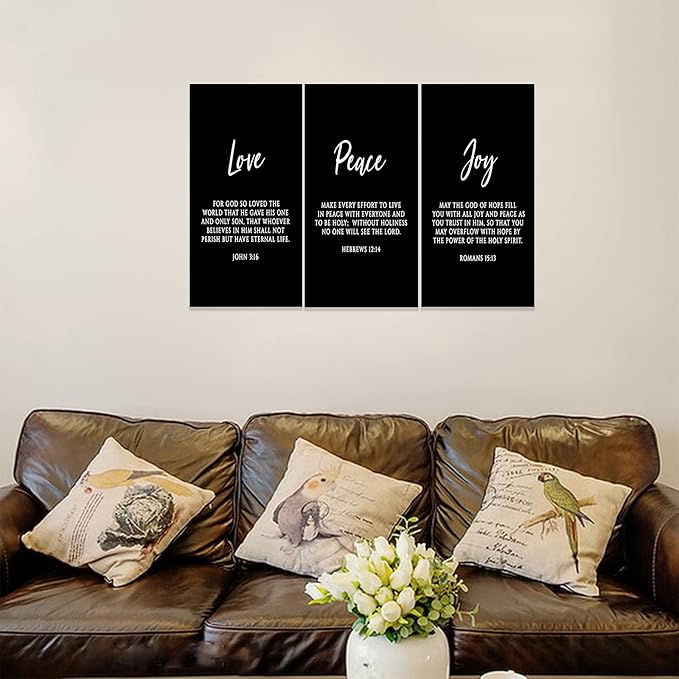 3 Piece Inspirational Wall Art, Black Sayings Prints Picture, Quotes "Love Peace Joy" Motivational Canvas Art for Religious Decor Gifts, Stretched And Framed Artwork for Home Wall Decor (36"Wx18" H)