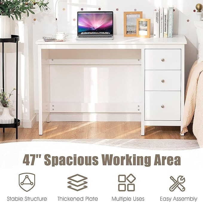 GOFLAME 3-Drawer Computer Desk, Study Desk with Spacious Desktop, Modern Writing Desk, Compact Laptop Desk, Multipurpose Workstation for Home Office, White