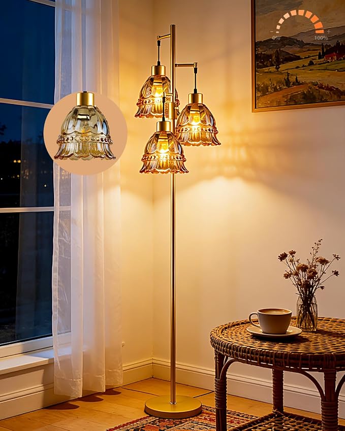 Lightdot 3-Lights Glass Floor Lamp Dimmable Gold Floor Lamps with Brown Glass Shade 3000K Bulbs Included Unique Modern Standing Tall Lamp for Living Room/Bedroom/Sofa Beside/Corner Decor
