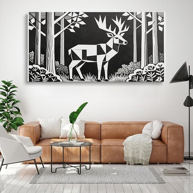 Black White Deer Framed Canvas Wall Art for Nursery, Forest Animal Wall Decor 40" L x 20" W