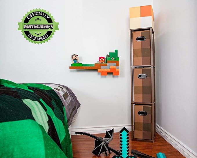 Minecraft Brownstone Torch 5-Foot Standing Floor Lamp and Storage Unit | Includes 3 Cube Organizer Storage Bins