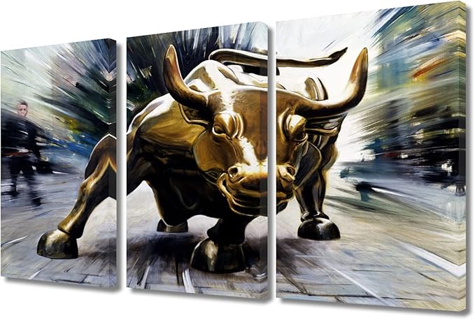 TUMOVO Paintings for Wall Decor 3 Pieces Wall Street Bull Canvas Wall Art for Living Room Bathroom Bedroom Kitchen Decoration Modern Giclee Prints Stretched and Framed Ready to Hang - 36" Wx24 H