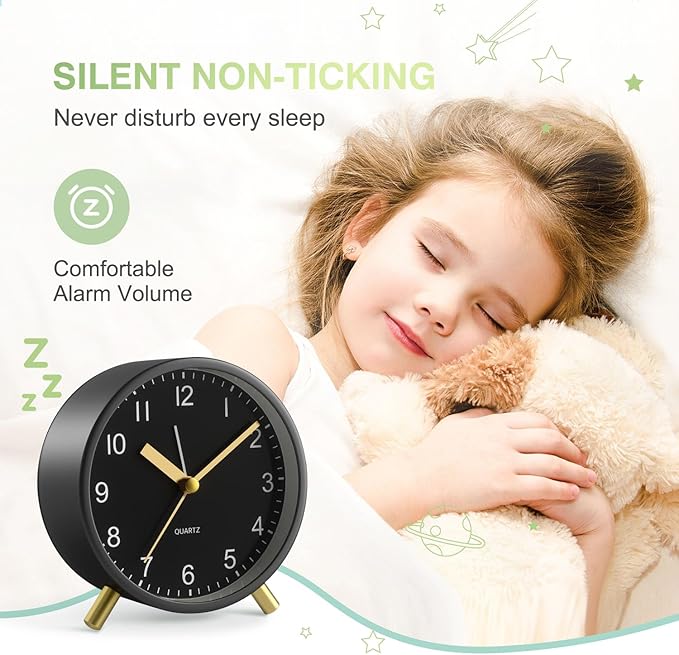 Analog Alarm Clock, Super Silent Non Ticking with Night Light, Battery Operated, Bedroom Clock,Fashionable Round Metal Alarm Clock for Office, Elderly, Adults, Children, School Gift