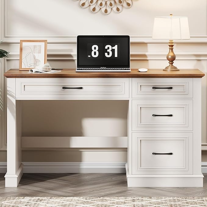 Farmhouse 47" Executive Desk, Computer Desk with Drawers and File Drawer, Workstation Computer Desk with Charging Station for Home Office,Study.Unique White