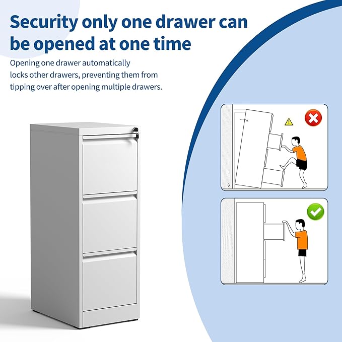 3 Drawer File Cabinet with Lock, Metal Filing Cabinet for Home Office, Vertical File Cabinet for Letter/Legal/A4/F4 Documents, Easy to Assemble Steel Storage Cabinet