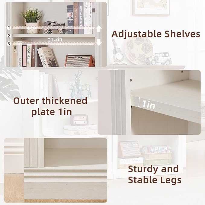 43" White Tall Bookshelf Set of 4,3-Tier Thick Wooden Book Shelf with Adjustable Shelves,Free Standing Farmhouse Bookcase with Open Display Storage,Floor Vintage Bookshelves for Living Room