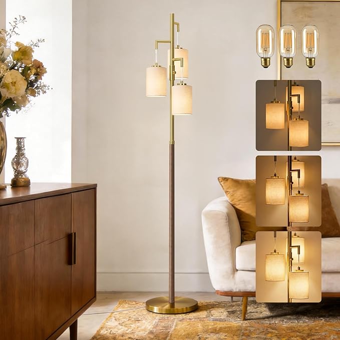 70" Dimmable Floor Lamp Wood Floor Lamps for Living Room Bedroom Mid Century Modern Floor Lamp Gold Standing Lamp Tall Lamps for Office Nursery Reading Elegant Stand Up Lamp, 3 Bulbs Included