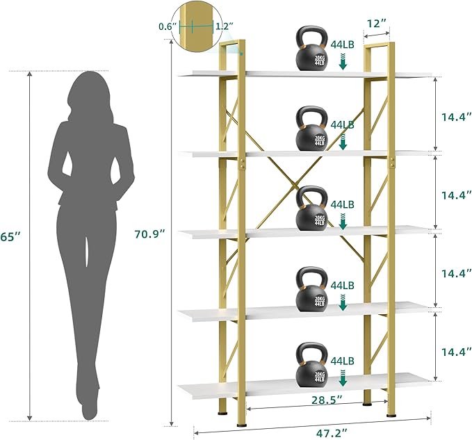 YITAHOME 5 Tier Gold Bookshelf, 70.9" Tall Modern Wide Bookcase, Open Storage Rack Shelves in Living Room/Bedroom/Home/Office, Books Holder Organizer for Books/Plants, Gold & White
