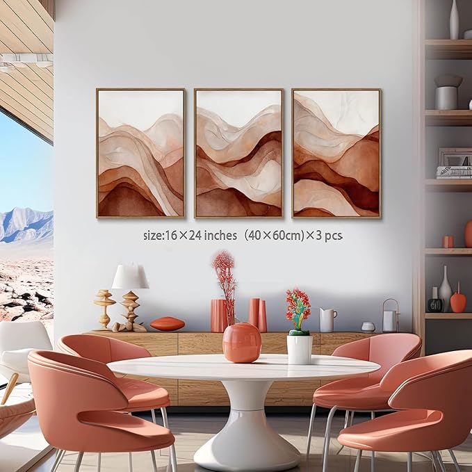 myusuar 3 Piece Large Abstract Framed Wall Art For Living Room, Smoke Texture Ink Warm Brown Terracotta Canvas Wall Art Modern Minimalist Art Prints Wall Décor For Bedroom Office 16x24in
