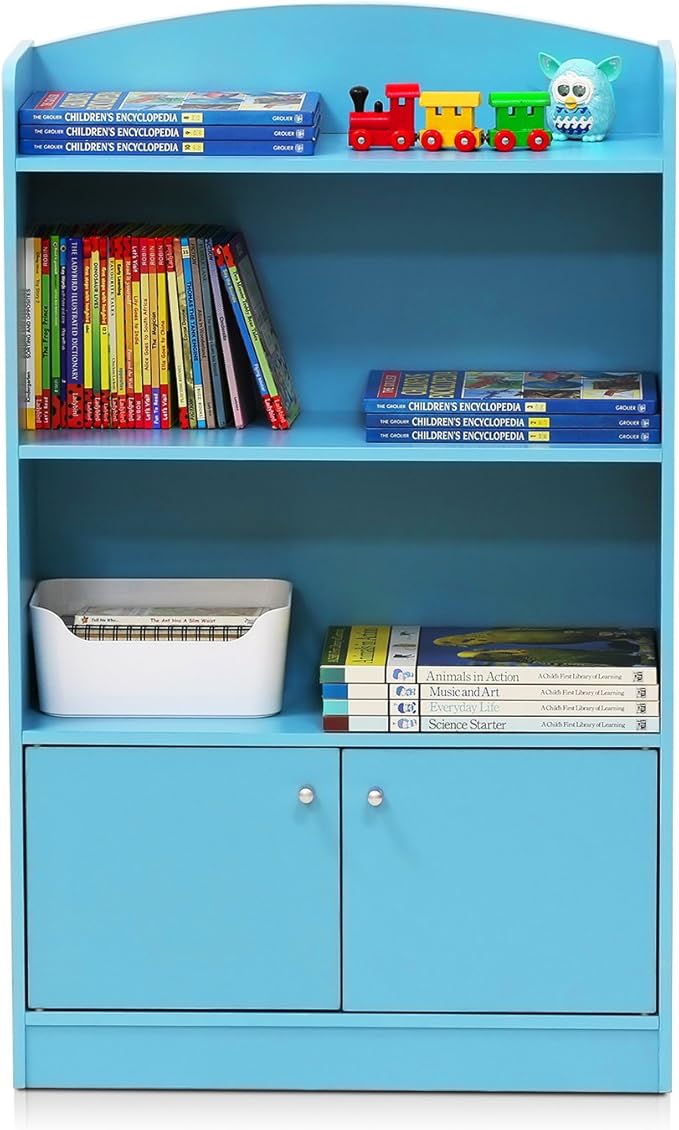 Furinno LOVA Book Shelf, Bookshelf with Storage Cabinet, Bookcase with Door, 11.8 x 23.6 x 37.3, for Living Reoom, Bedroom, Home Office, Light Blue