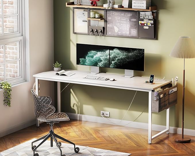 KKL Large Computer Desk with Power Outlets and USB Port Desk for Home Office Gaming Simple Modern Style Writing Desks with Storage Bag Headphone Hook, 63 inch, White