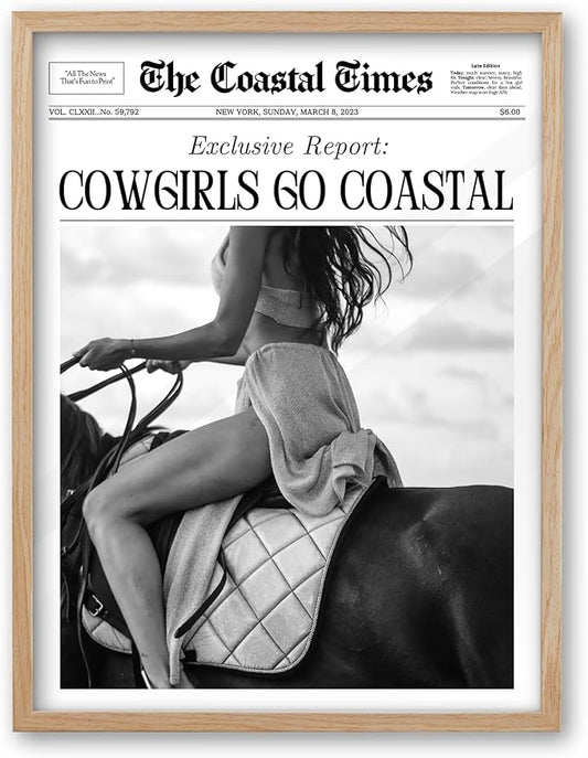 iHery Cowgirls Go Coastal Framed NewsPaper Canvas Wall Art,Natural OAK Wood 12x16in Wall Decor For Bedroom, Trendy Western Horseback Riding Times for Dorm Living Room, Home Décor 1Pack