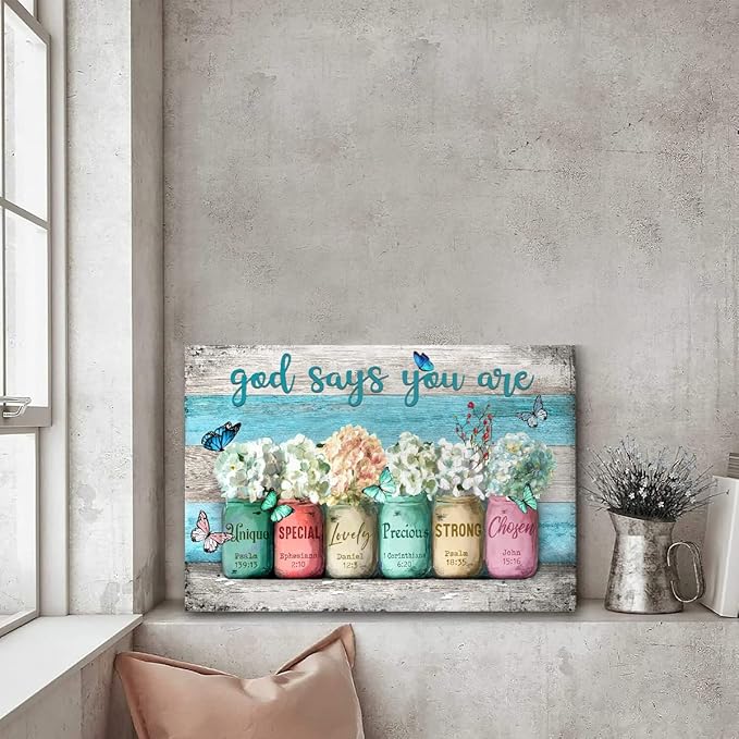Parylore Inspirational Canvas Wall Art Encouraging Bible Verses On Cute Marson Jars and Butterflies God Says You Are Modern Artwork for Living Room Bedroom Bathroom Office Home Decor 16x20 In