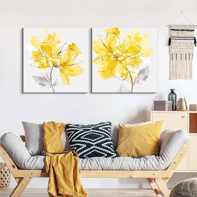 SEVEN WALL ARTS Yellow Flowers Wall Art 2 pcs Floral Pictures for Bathroom Abstract Canvas Flowers Wall Decor Botanical Poster Print for Living Room Bedroom Home Decor 24"x24"