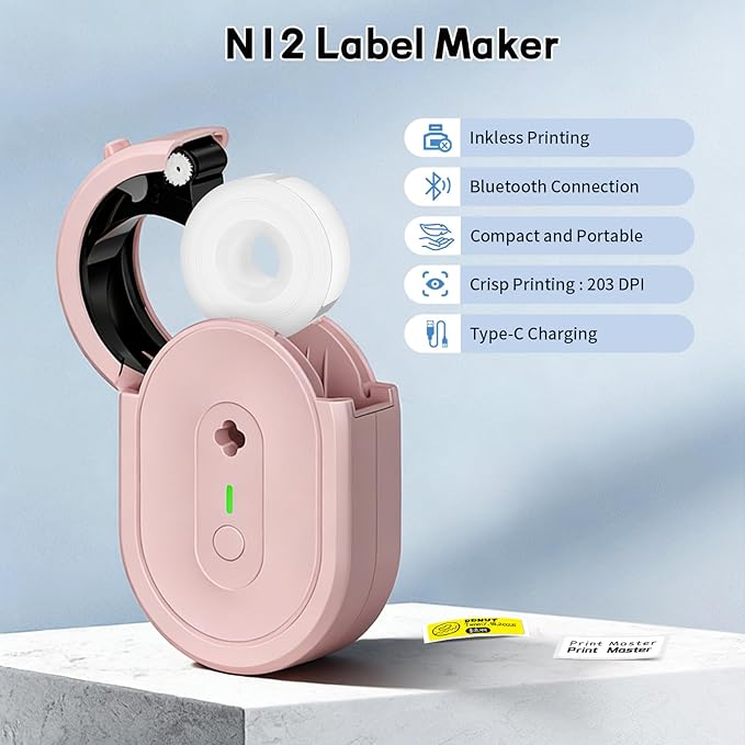 Mini Label Maker Machine with Tape, N12 Portable Bluetooth Label Printer, Thermal Sticker Labeler for Small Business, School, Home, Office(Pink)