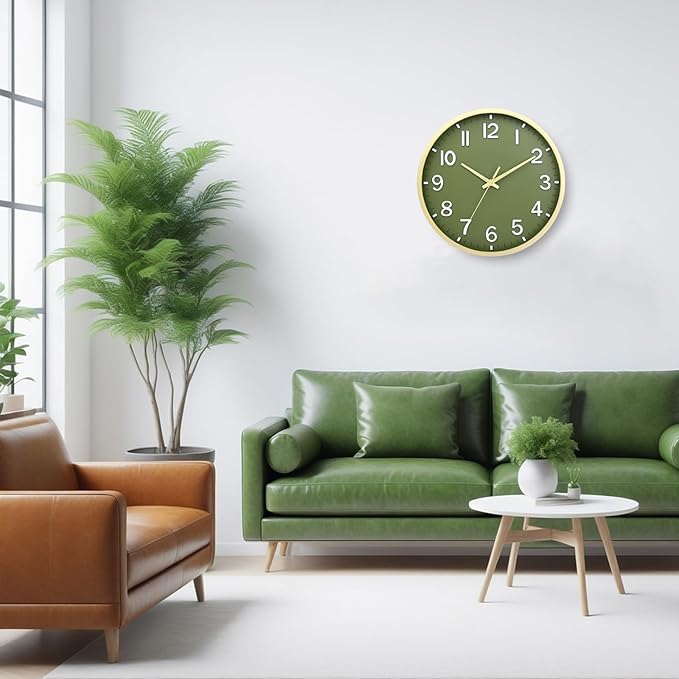 Wall Clocks Battery Operated 12 inch Modern Wall Clock,Silent Non Ticking Wall Clock for Living Room Bedroom Kitchen Office Classroom Decor (Green Gold)