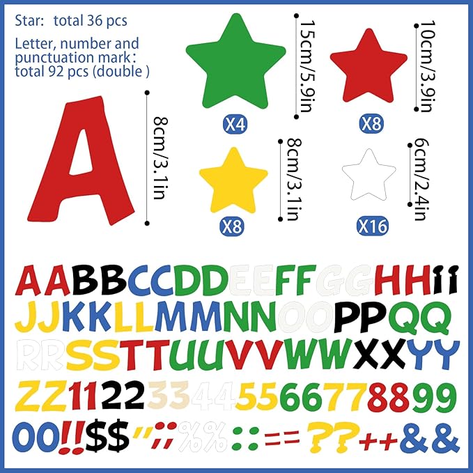 Containlol 188 Pcs Bulletin Board Borders Letters Stars Cutouts Set Include 59ft Poster Board Trims, Alphabet Letter Star Number Punctuation for Classroom(Y2k Bright Color)