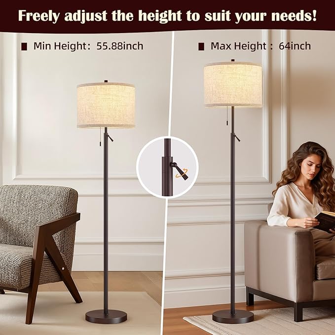 GyroVu Height Adjustable Floor Lamp, Standing Lamp with Metal Base Tall Lamp with Pull Chain & Beige Shade Modern Floor Lamps for Living Room, Bedroom & Office Bulbs Not Included(Brown)