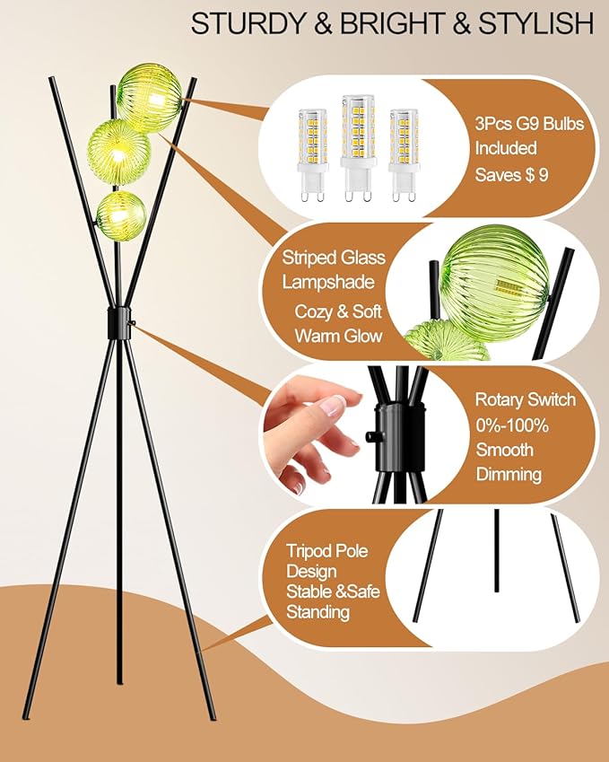 Lightdot Dimmable Black Tripod Floor Lamp, Mid Century Standing Lamps with 3 Globe Green Glass Lampshade& Bulb Included, 3000K Bulbs Included Modern Tall Lamp for Living Room/Sofa Beside/Corner Decor