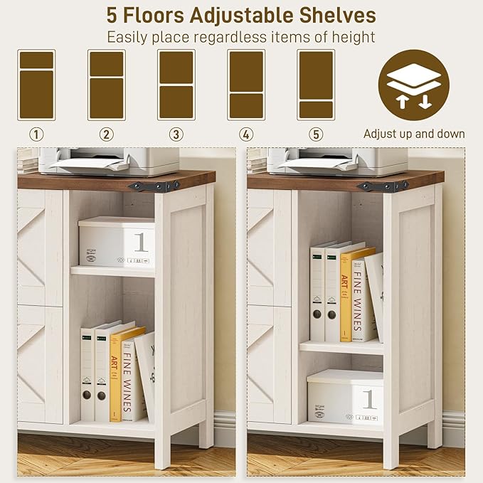 Vabches File Cabinet with 2 Drawers, Farmhouse Lateral File Cabinet Fits Files Letter/A4 Size, Wooden Filing Cabinet with Adjustable Shelves Printer Stand for Home Office, Rustic White