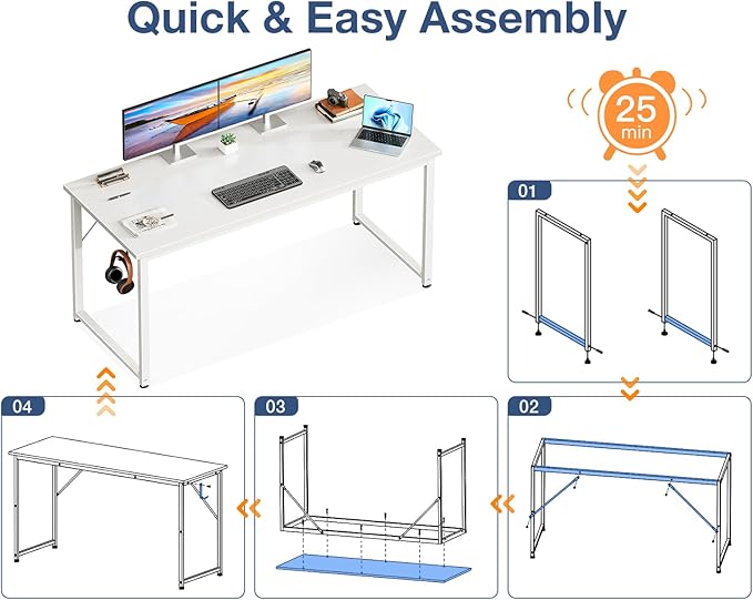 Casaottima 54 Inch Computer Desk for Home Office, Study Writing Table for Small Spaces, Simple Modern Desk with Headphone Hooks, White