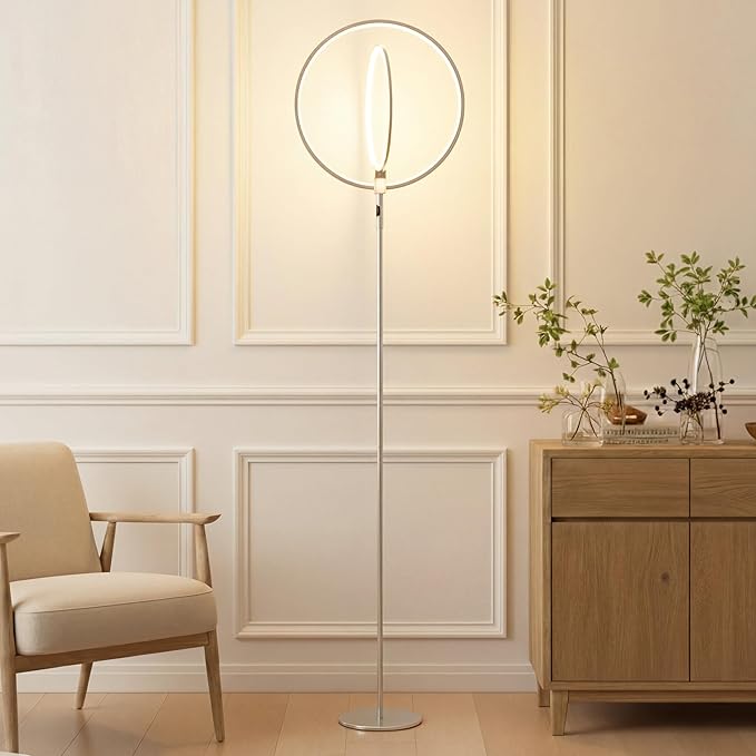 Brightech Eclipse Dimmable LED Floor Lamp, Modern Torchiere Floor Lamp for Living Rooms & Offices – Super Bright Tall Lamp with Dimmable Options for Reading, Standing Lamp Living Room Décor - Silver