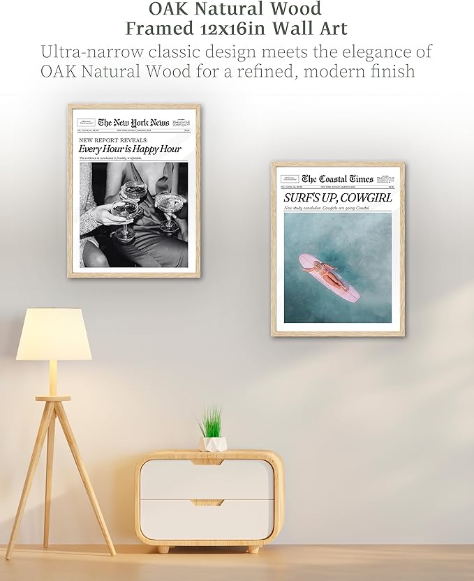 iHery Every Hour is Happy Hour Framed Trendy NewsPaper Wall Art, Natural OAK Wood 12x16in Canvas Wall Decor For Bedroom, Retro New York News Prints Posters for Girl Dorm Living Room Home 1Pack