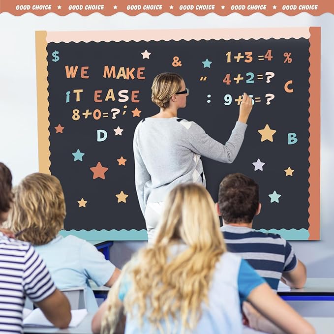 Containlol 188 Pcs Bulletin Board Borders Letters Stars Cutouts Set Include 59ft Poster Board Trims, Alphabet Letter Star Number Punctuation for Classroom(Retro Groovy Boho Color)