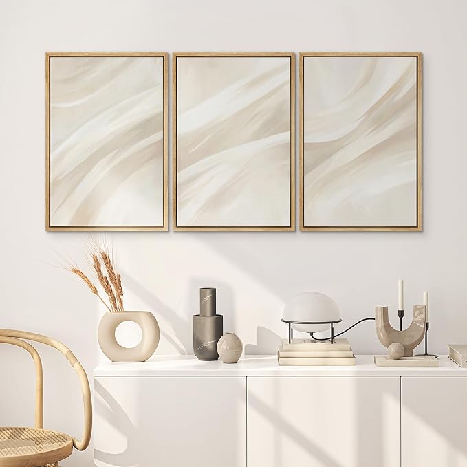 SIGNWIN Framed Canvas Print Wall Art Set Abstract Beige Flow Neutral Brushstroke Illustrations Modern Art Decorative Boho Relax/Zen Nordic for Living Room, Bedroom, Office - 24"x36"x3 Natural