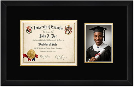 CountryArtHouse Fits 10 x 8 Professional License and 5 x 7 Photo Diploma and Photo Frame Matte Black Genuine Hardwood with Black Over Metallic Gold Double mat