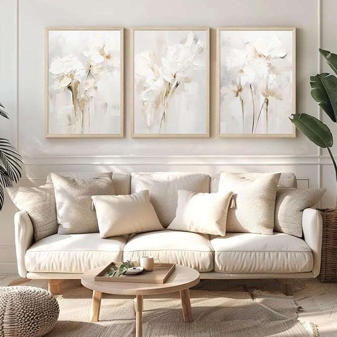 Neutral Wall Art Abstract Floral Canvas Pictures Beige Flower Wall Decor Modern Painting Minimalist Poster Abstract Botanical Prints White Artwork for Bedroom Living Room 16x24x3 Inch Wood Framed