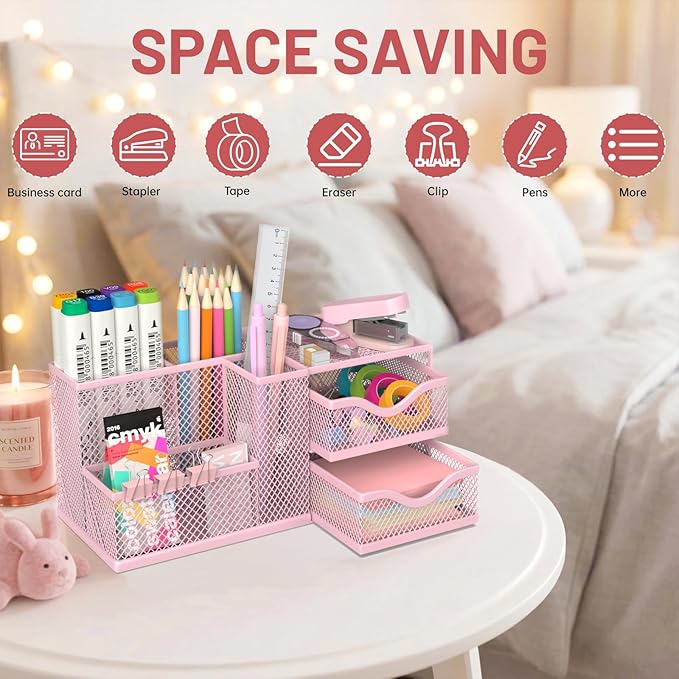 Mesh Desk Organizer, Pen Organizer with 2 Drawers and 5 Compartments, Versatile Pen Holder for Small Space, Desk Organizers and Accessories for School Office Supplies, Pink