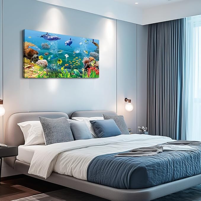 MHARTK66 Canvas Wall Art - Coral and Fish Modern Home Decor Stretched and Framed Ready to Hang Ocean Theme Sea Fish and sea Turtles Mediterranean Style Canvas Prints The living room Wall Decor