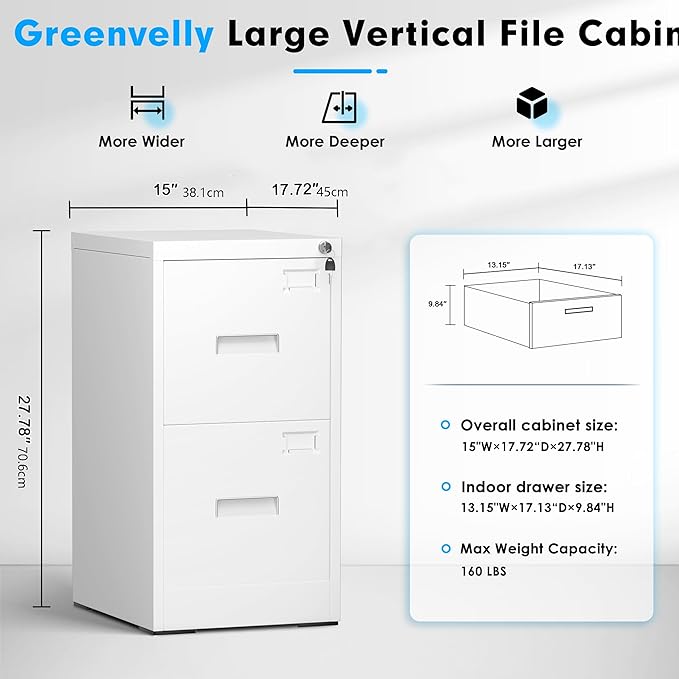 Pataku 2 Drawer File Cabinet with Lock, Sturdy Metal Vertical Filing Cabinets for Home Office, Under Desk Paperwork Storage Fully Extendable Slides Letter Legal A4 Size 18x15x28 Inches, White