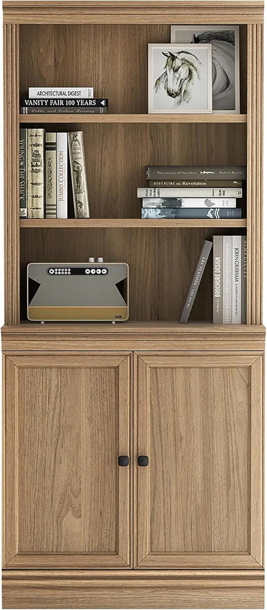 JAHRSTIM Halston Multi-Depth Bookcase, Adjustable Storage Shelving Unit with Doors for Home and Office Space, 31.5”L x 15.75”W x 72.8”H, Oak