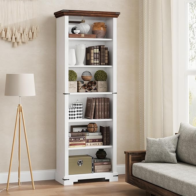 6-Tier Farmhouse Bookshelf, 73 inch Tall Book Shelf with Unique Design & 2 Adjustable Shelves, Wooden Bookshelf for Study Room, Living Room, Kitchen, Bedroom (White)