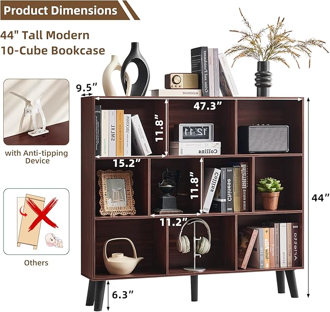 LEYAOYAO 10 Cube Bookshelf,3 Tier Modern Wide Bookcase with Legs,Mid-Century Wood Bookshelves Storage,Mint-Walnut Large Book Case,Freestanding Organizer Display Shelf for Bedroom,Living Room,Office