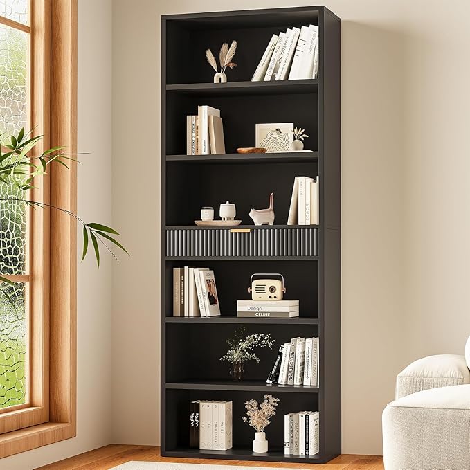 7-Tier Bookshelf with Storage, 72" Tall Bookcase with Drawer, Display Book Shelf Book Organizer with Anti-tip Device, Home Decor Wood Furniture for Office, Bedroom, Living Room, Black