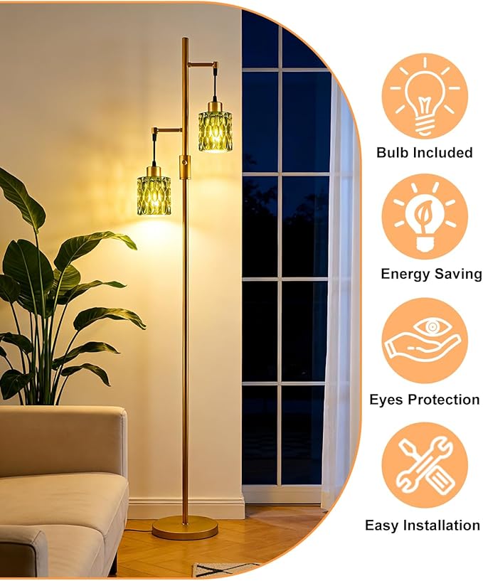 65IN Glass Floor Lamp, 2-Light Gold Tall Standing Lamps Dimmable with Green Glass Lampshade, 3000K Warmwhite Mid Century Modern Floor Lamp for Living Room/Bedroom/Corner